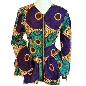 NWT Shenbolen African print dashiki cloth zip up long sleeve peplum blouse S